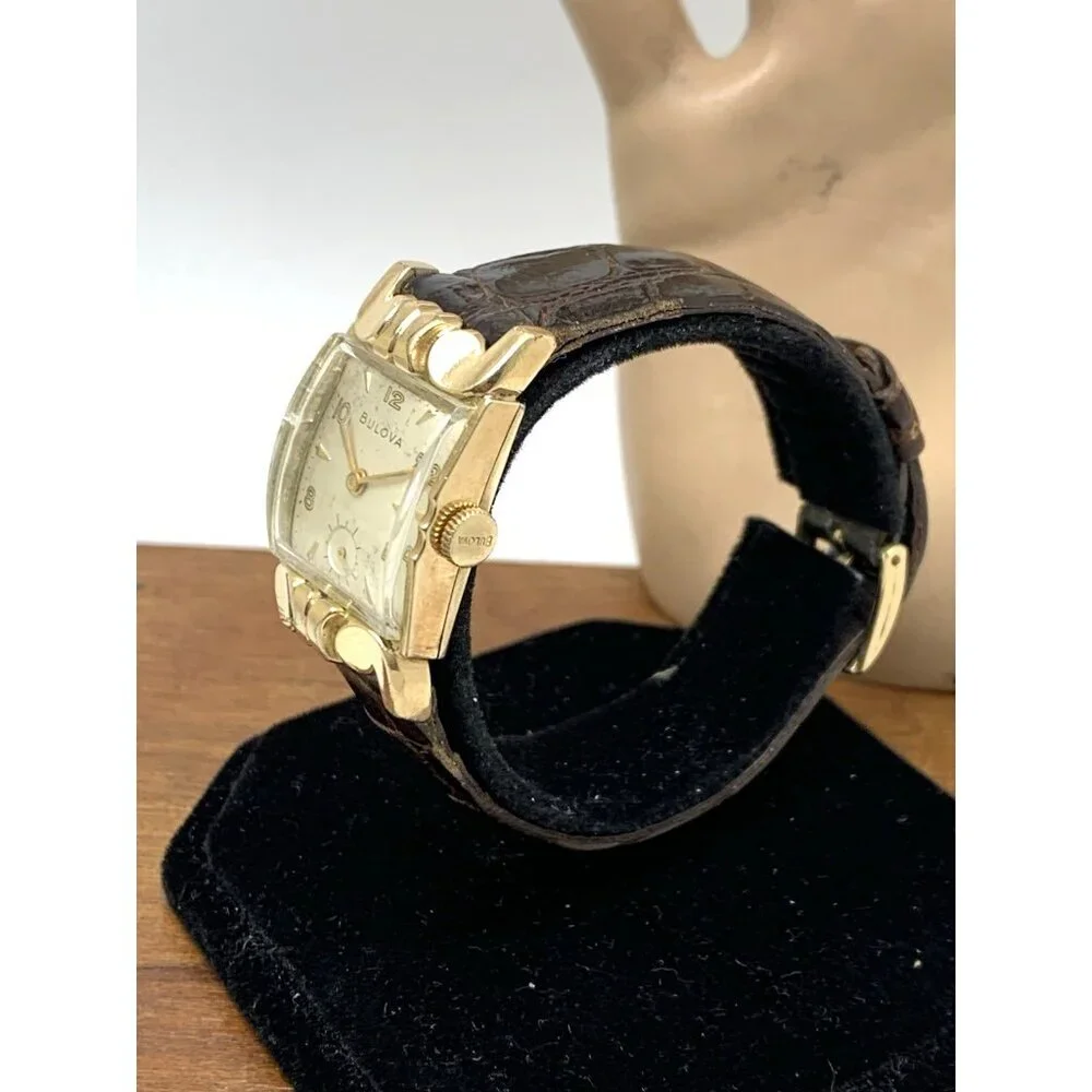 Bulova Watch Vintage 1953 8AC Mechanical Tank 10k Rolled Gold Brown Leather Band